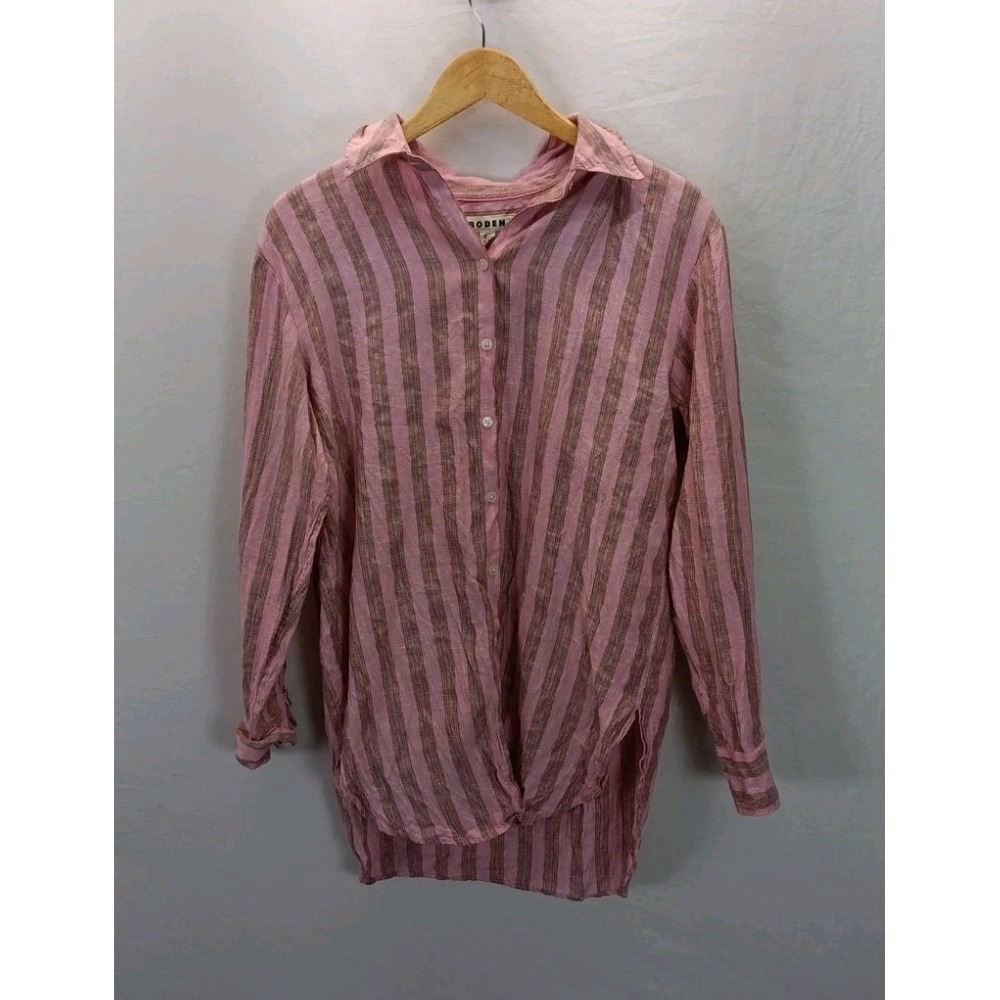 Boden Pink metallic Striped Linen Button Down Shirt sz 4 Relaxed oversize L/S
